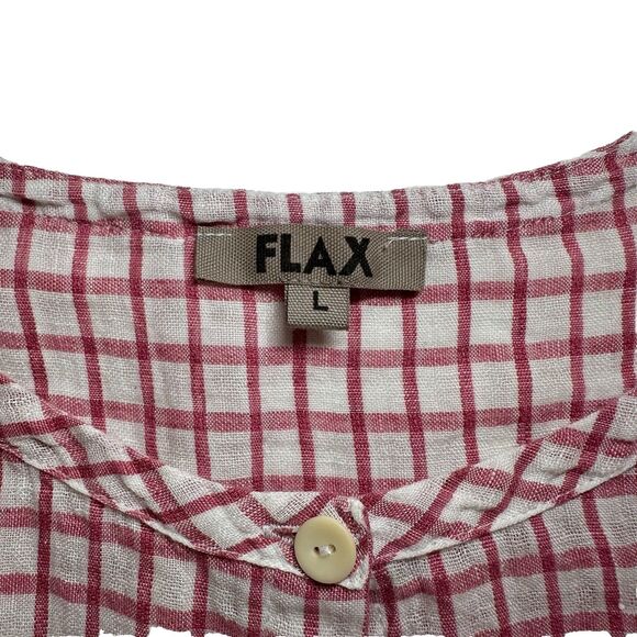 Flax Women's 100% Linen Button Front Plaid Tunic Top Lagenlook Size L White Red - Picture 2 of 14